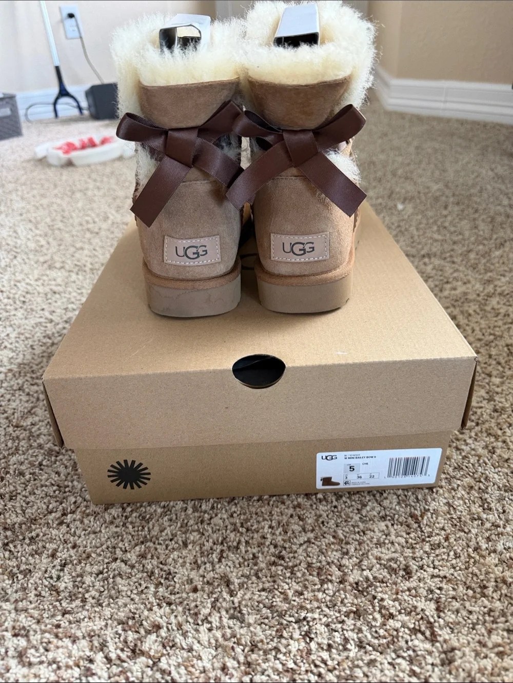 UGG Kids Chestnut Suede Sheepskin Boots with Brown Ribbon